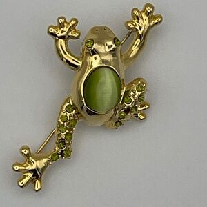 Vintage KC Brooch Gold Tone Frog Green Faux Cat Eye Jelly Belly Green Rhinestone